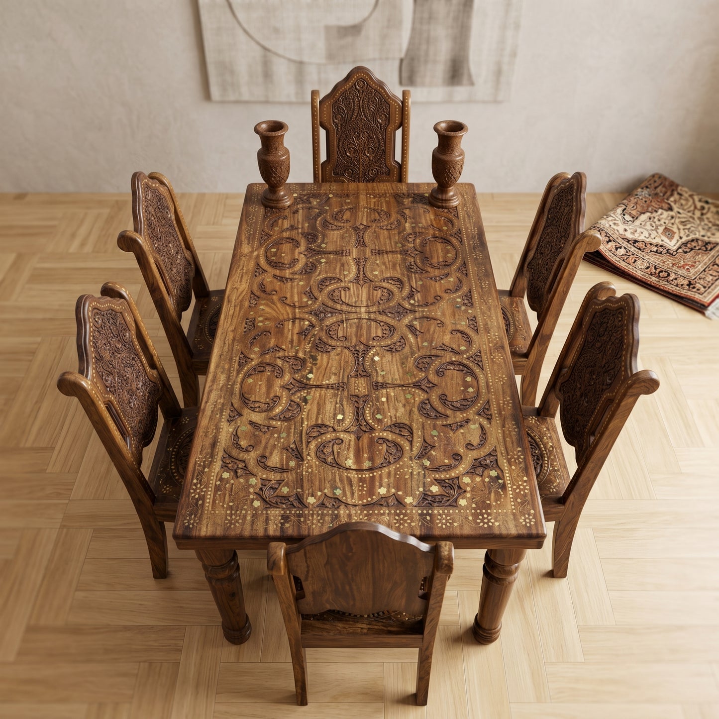 Luxury Hand Carved Wooden Dining Table Set with 6 Chairs – Premium Solid Wood Royal Dining Furniture
