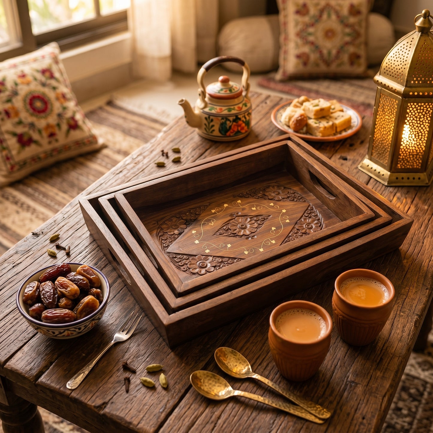 Luxury Handcrafted Sheesham Wood Serving Tray Set – Decorative Wooden Serving Platters with Brass Inlay (Set of 3)