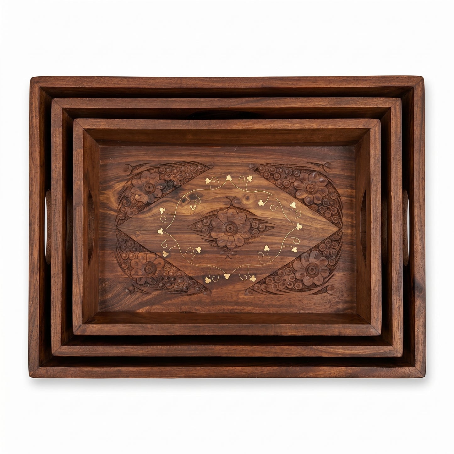 Luxury Handcrafted Sheesham Wood Serving Tray Set – Decorative Wooden Serving Platters with Brass Inlay (Set of 3)