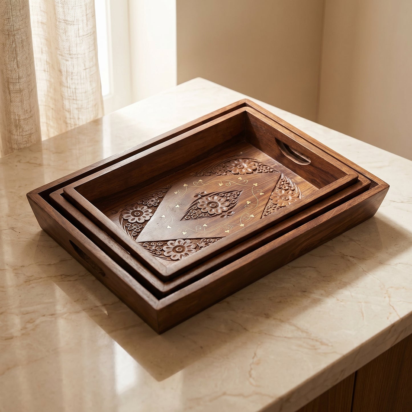 Luxury Handcrafted Sheesham Wood Serving Tray Set – Decorative Wooden Serving Platters with Brass Inlay (Set of 3)