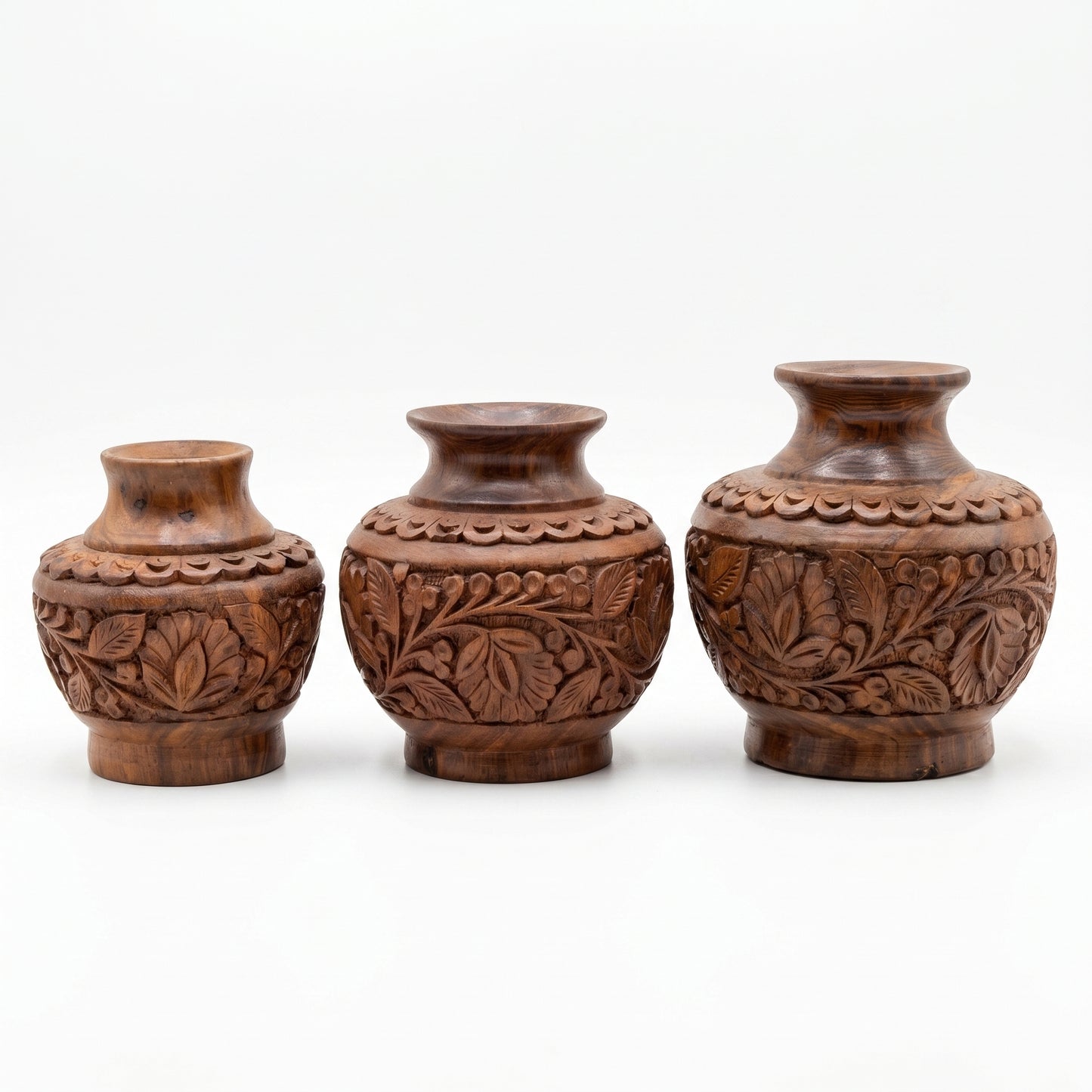 Hand Carved Wooden Vase Set – 3 Sizes