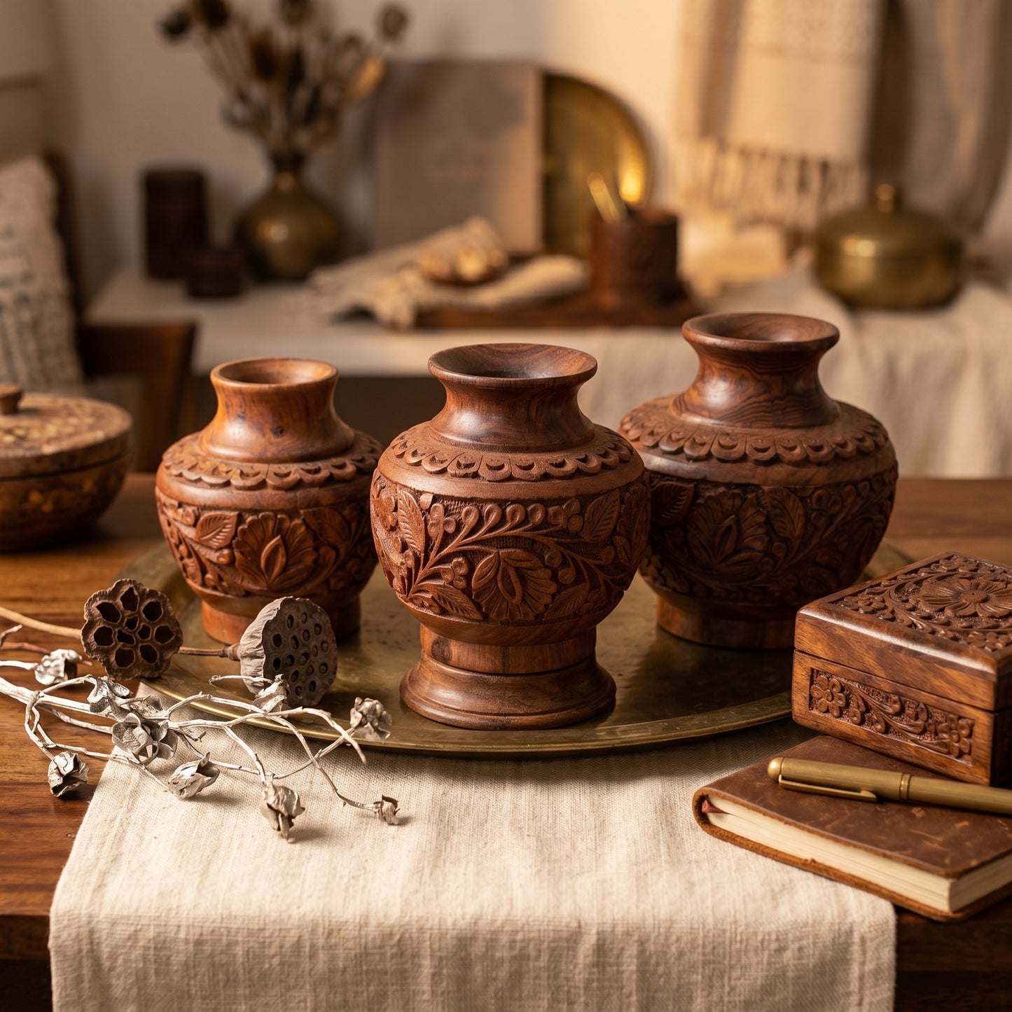 Hand Carved Wooden Vase Set – 3 Sizes