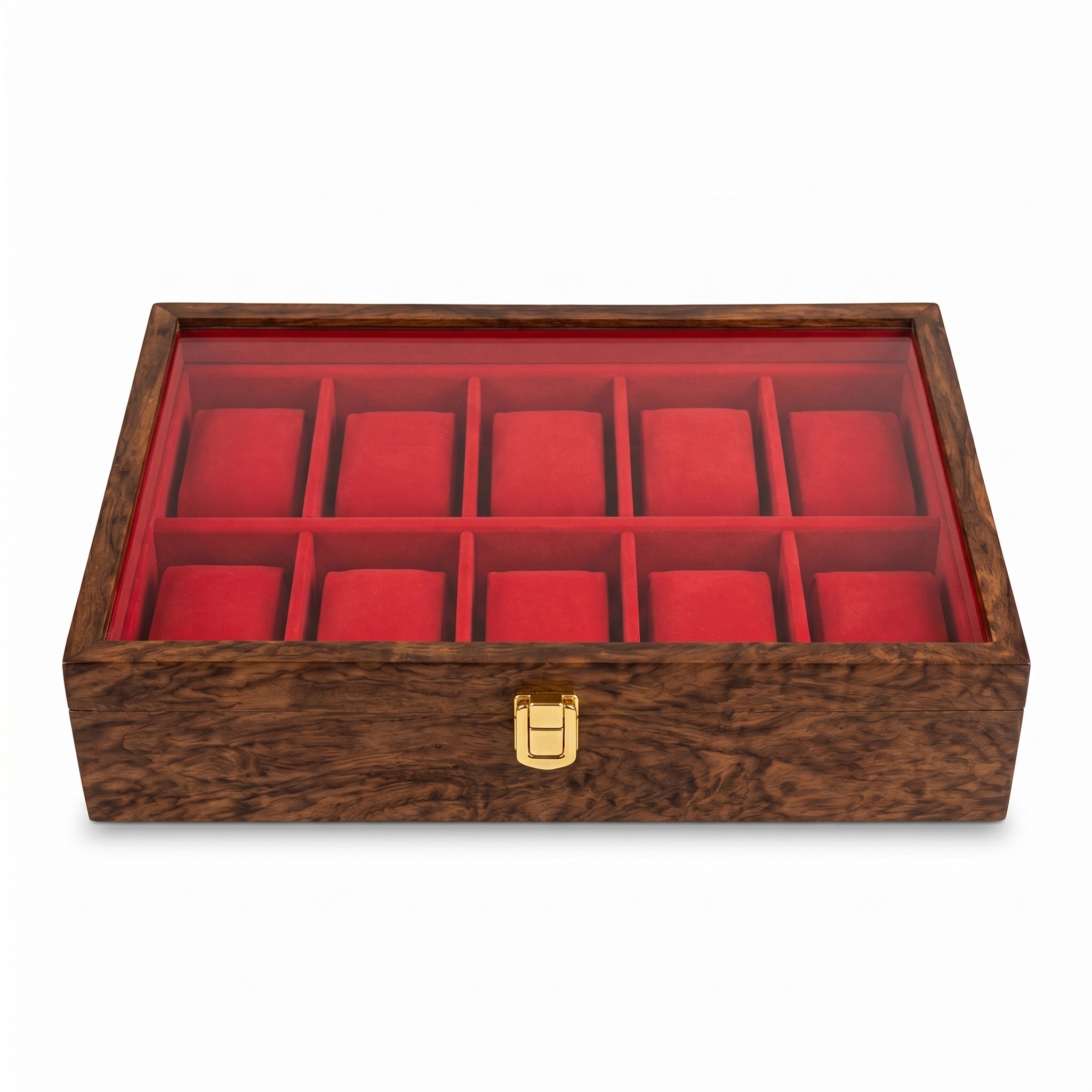 Wooden Watch Box Organizer with Large Glass Lid, 10 Slot Solid Wood Walnut Watch Display Case with Red Velvet Lining, Premium Watch Storage Box for Men & Women, Father’s Day Gift