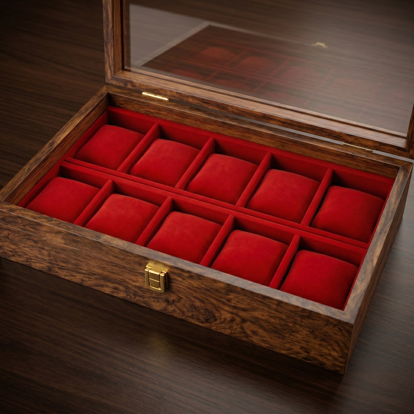 Wooden Watch Box Organizer with Large Glass Lid, 10 Slot Solid Wood Walnut Watch Display Case with Red Velvet Lining, Premium Watch Storage Box for Men & Women, Father’s Day Gift