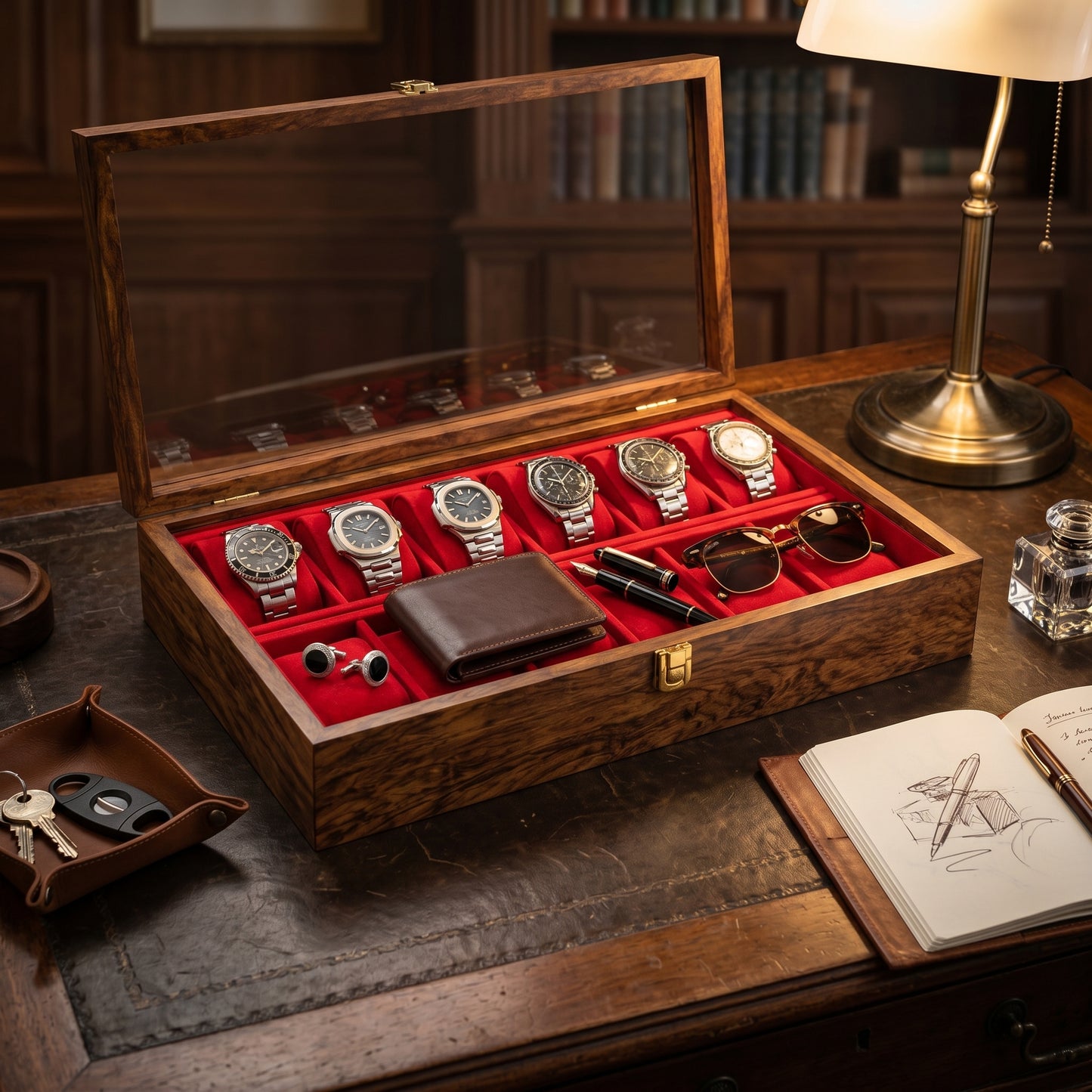 Wooden Watch Box Organizer with Large Glass Lid, 10 Slot Solid Wood Walnut Watch Display Case with Red Velvet Lining, Premium Watch Storage Box for Men & Women, Father’s Day Gift