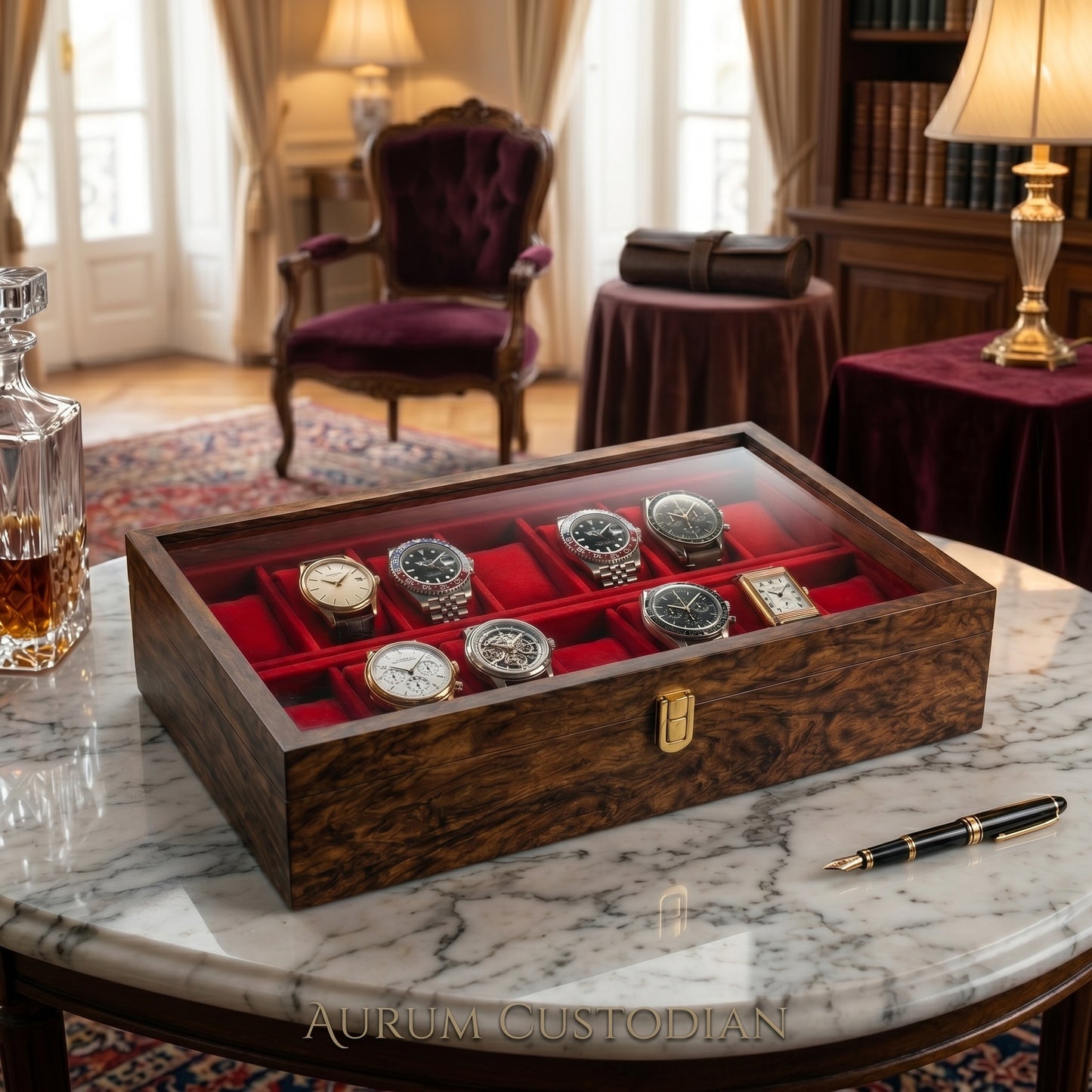 Wooden Watch Box Organizer with Large Glass Lid, 10 Slot Solid Wood Walnut Watch Display Case with Red Velvet Lining, Premium Watch Storage Box for Men & Women, Father’s Day Gift