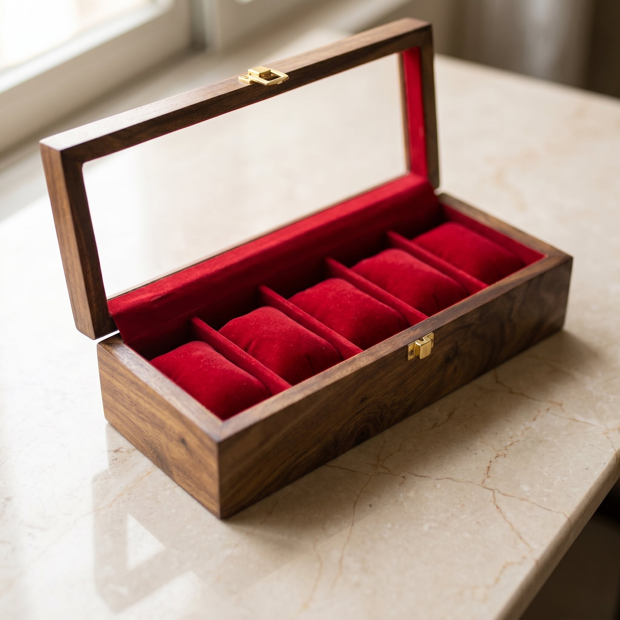 Luxury Handcrafted Sheesham Wood Watch Box Organizer – 5 Slot Glass Display Watch Storage Case