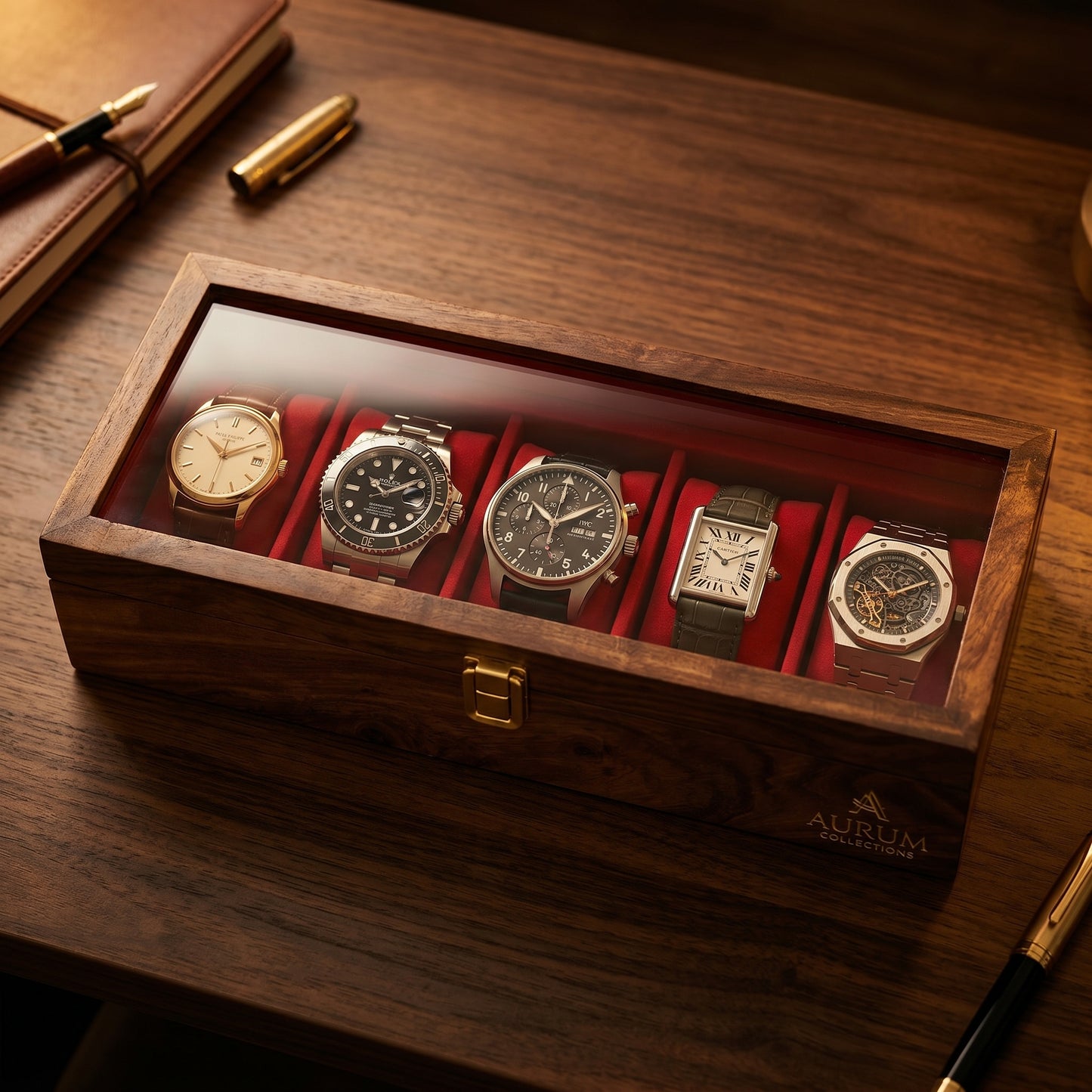 Luxury Handcrafted Sheesham Wood Watch Box Organizer – 5 Slot Glass Display Watch Storage Case