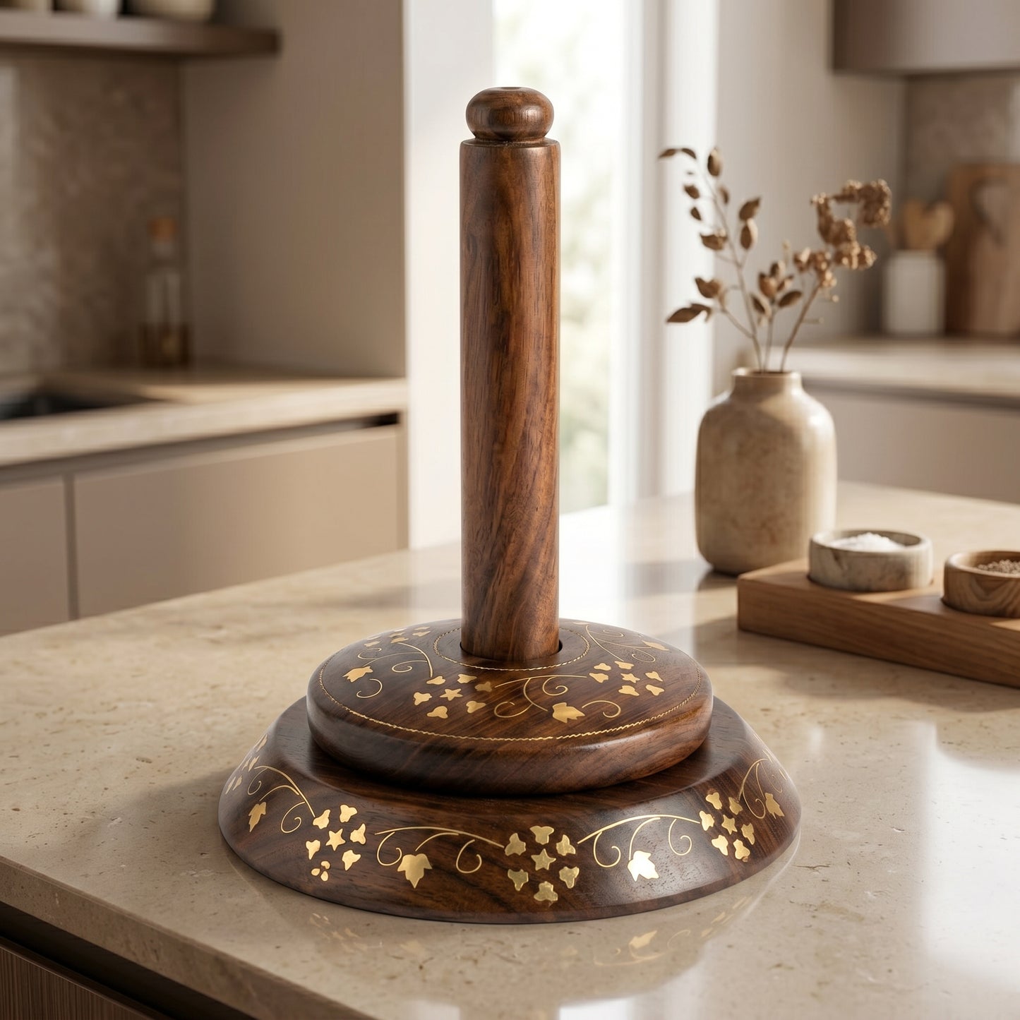 Handcrafted Sheesham Wood Tissue Roll Holder – Decorative Wooden Paper Towel Stand with Brass Inlay Design