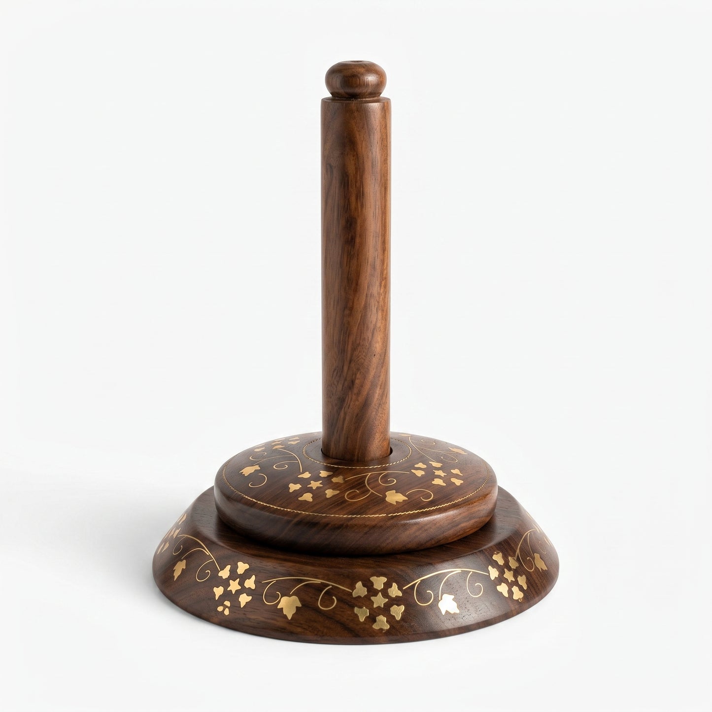 Handcrafted Sheesham Wood Tissue Roll Holder – Decorative Wooden Paper Towel Stand with Brass Inlay Design