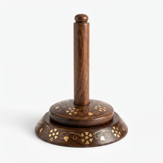 Handcrafted Sheesham Wood Tissue Roll Holder – Decorative Wooden Paper Towel Stand with Brass Inlay Design