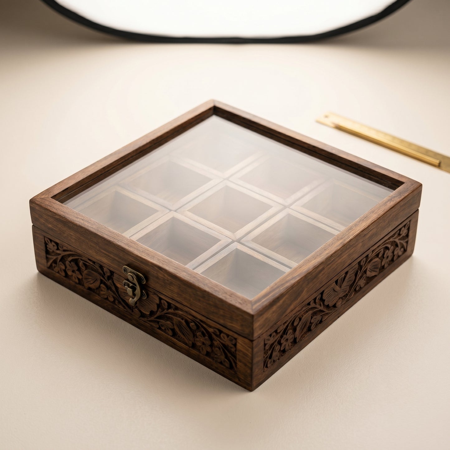 Premium Wooden Spice Organizer Box with Glass Lid – 9 Compartments