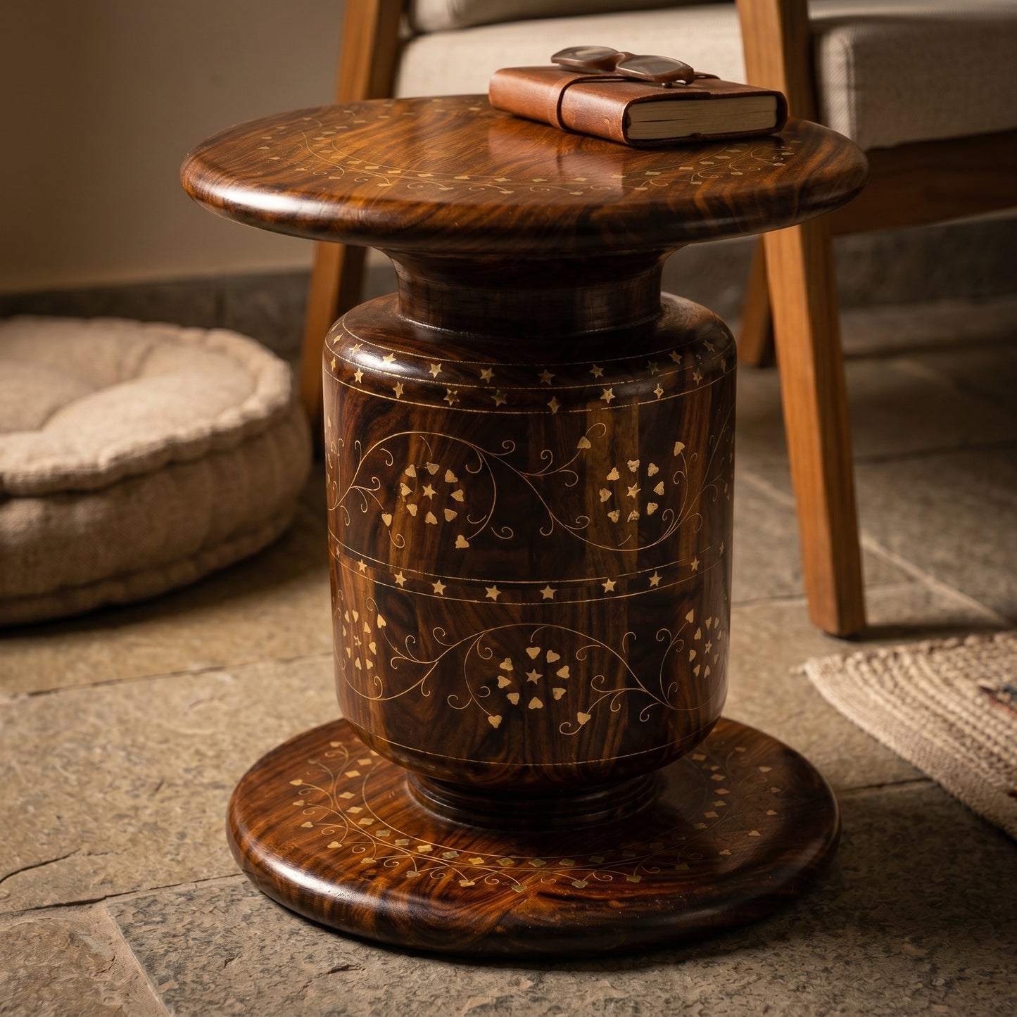 Handcrafted Wooden Dhol Stool Table with Traditional Inlay Work –  Chinioti Style
