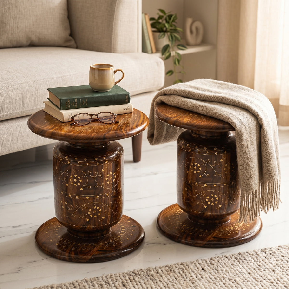 Handcrafted Wooden Dhol Stool Table with Traditional Inlay Work –  Chinioti Style