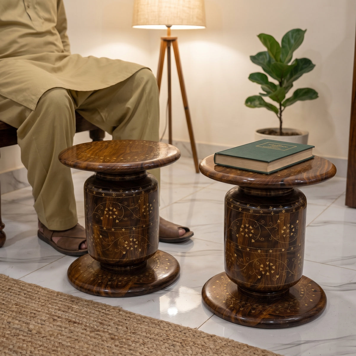 Handcrafted Wooden Dhol Stool Table with Traditional Inlay Work –  Chinioti Style