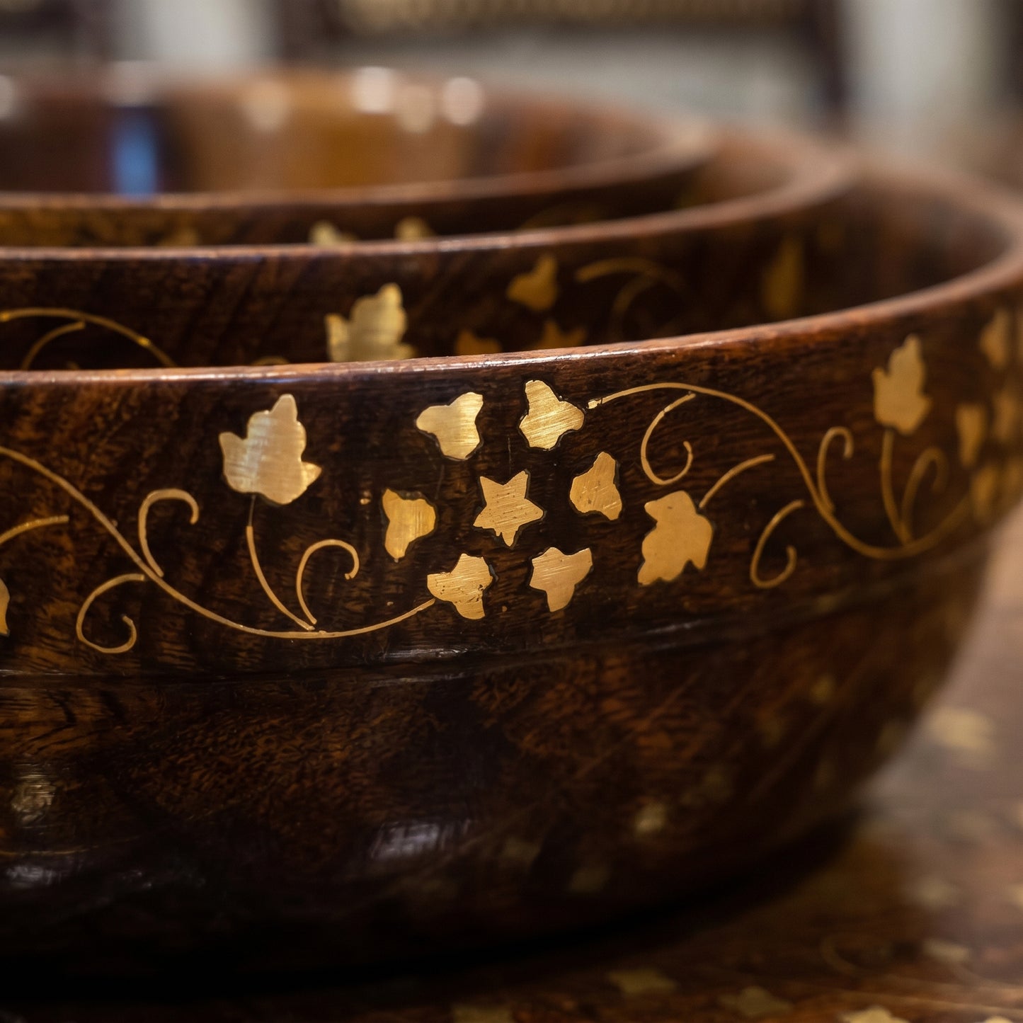 3 Piece Wooden Bowl Set with Golden Floral Design, Handmade Nested Serving Bowls, Solid Wood Salad Bowl, Snack Bowl & Dry Fruit Bowl Set for Kitchen, Dining Table & Home Décor