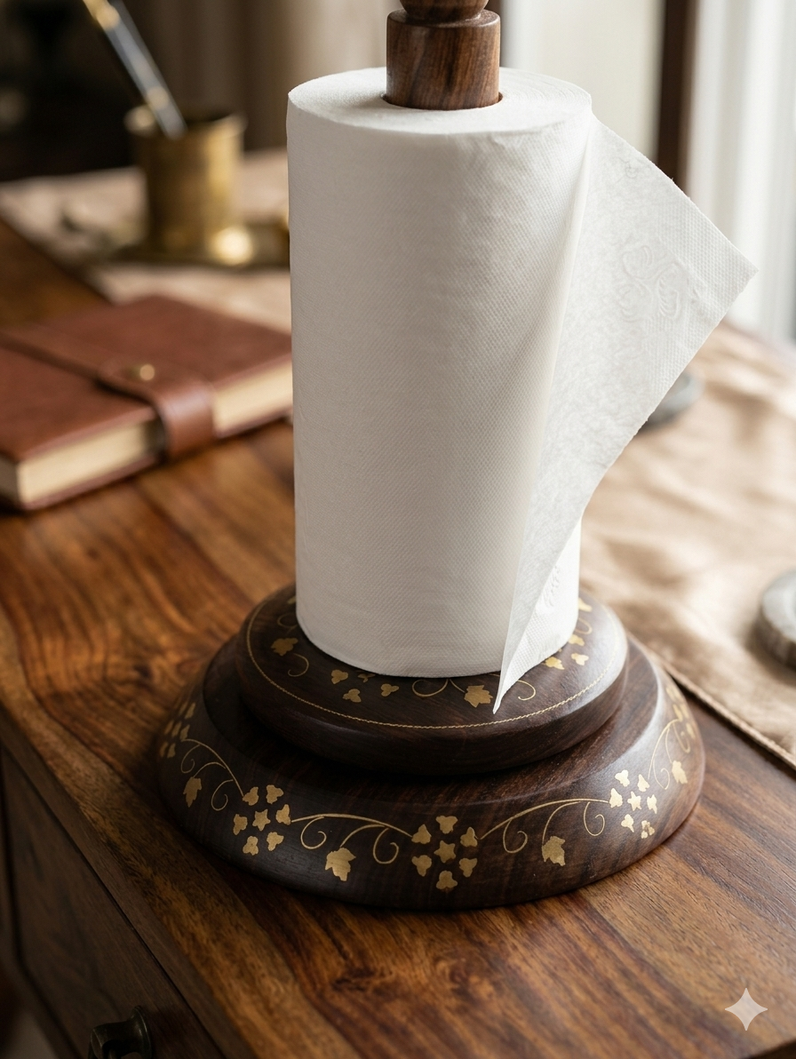 Handcrafted Sheesham Wood Tissue Roll Holder – Decorative Wooden Paper Towel Stand with Brass Inlay Design