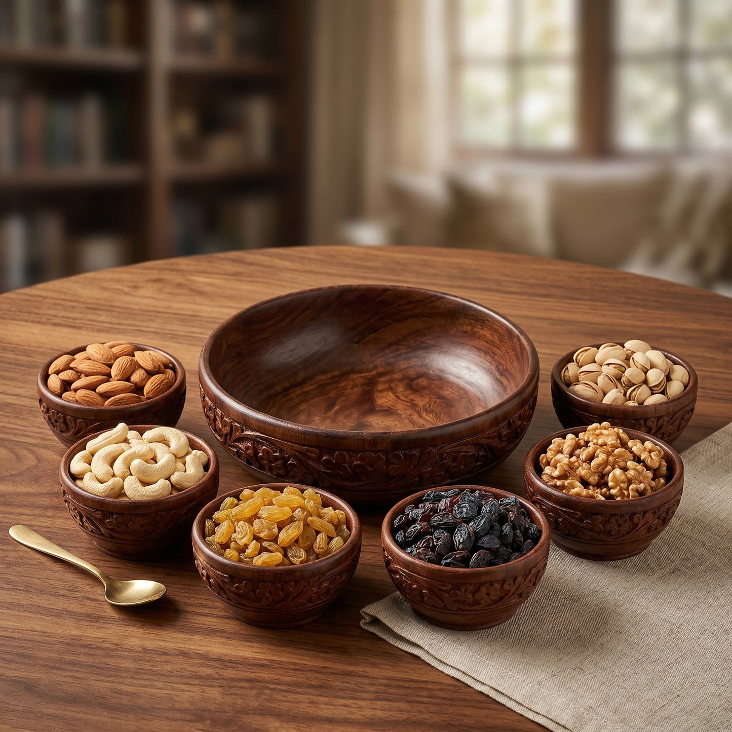 Hand Carved Wooden Bowl Set, 7 Piece Serving Bowl Set with Large Salad Bowl and 6 Small Bowls, Solid Wood Snack Bowls for Dry Fruits, Nuts, Spices, Salad & Home Décor