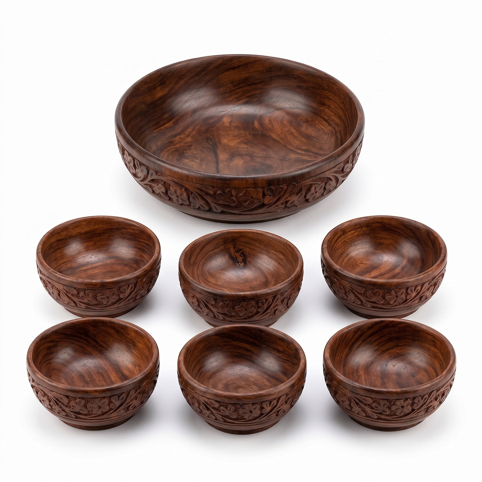 Hand Carved Wooden Bowl Set, 7 Piece Serving Bowl Set with Large Salad Bowl and 6 Small Bowls, Solid Wood Snack Bowls for Dry Fruits, Nuts, Spices, Salad & Home Décor