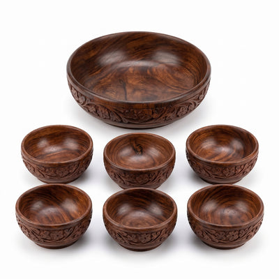 Hand Carved Wooden Bowl Set, 7 Piece Serving Bowl Set with Large Salad Bowl and 6 Small Bowls, Solid Wood Snack Bowls for Dry Fruits, Nuts, Spices, Salad & Home Décor