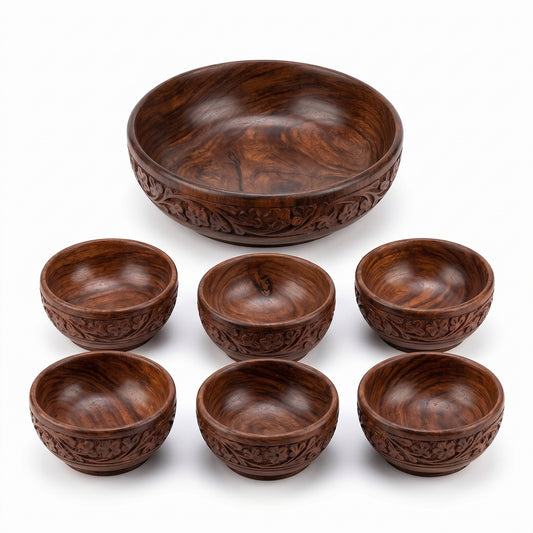 Hand Carved Wooden Bowl Set, 7 Piece Serving Bowl Set with Large Salad Bowl and 6 Small Bowls, Solid Wood Snack Bowls for Dry Fruits, Nuts, Spices, Salad & Home Décor