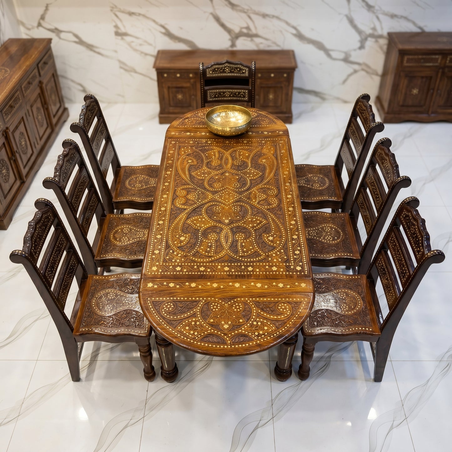 Luxury Hand Carved Wooden Dining Table Set with 6 Chairs – Premium Royal Traditional Dining Furniture