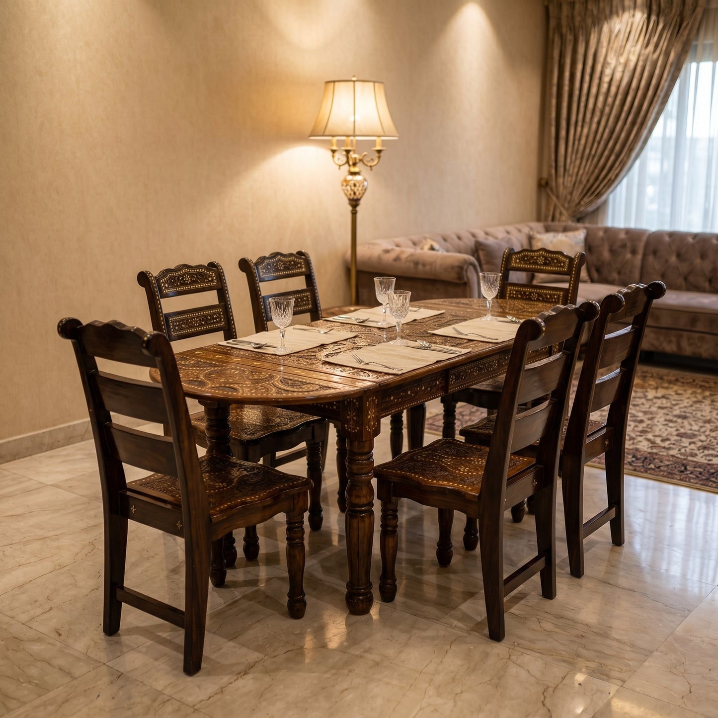 Luxury Hand Carved Wooden Dining Table Set with 6 Chairs – Premium Royal Traditional Dining Furniture