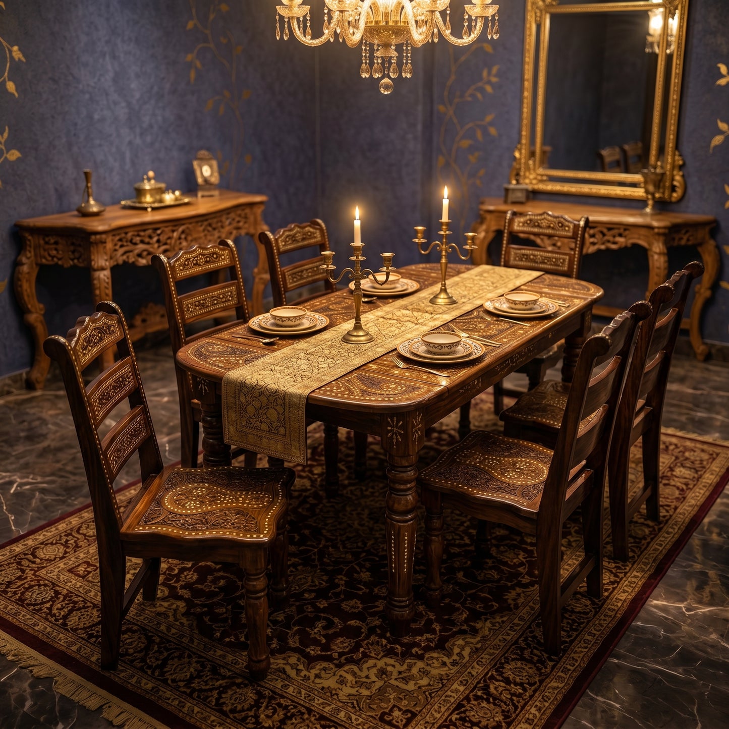 Luxury Hand Carved Wooden Dining Table Set with 6 Chairs – Premium Royal Traditional Dining Furniture