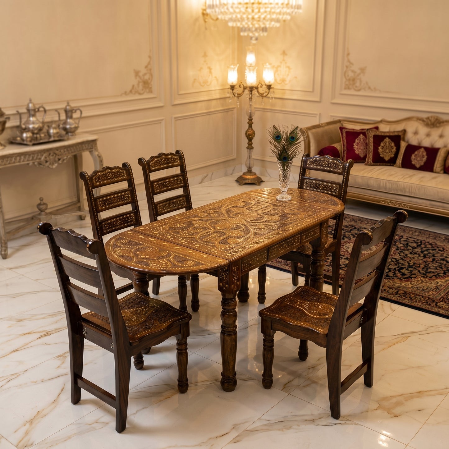 Luxury Hand Carved Wooden Dining Table Set with 6 Chairs – Premium Royal Traditional Dining Furniture