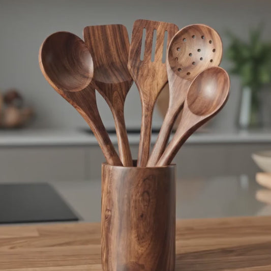 Premium Handcrafted Wooden Spoon Set with Holder – 6 Piece Sheesham Kitchen Utensil Set