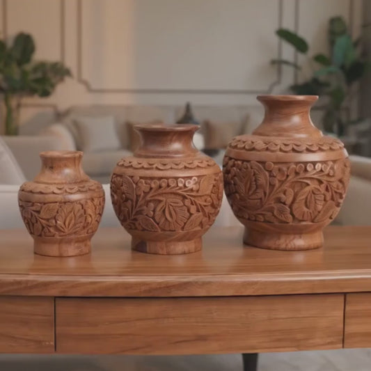 Hand Carved Wooden Vase Set – 3 Sizes