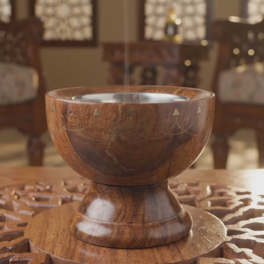 Luxury Handcrafted Wooden Mabkhara – Walnut Style Bakhoor Burner with Brass Inlay & Stainless Steel Bowl