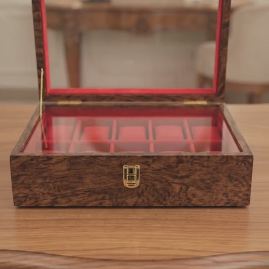 Wooden Watch Box Organizer with Large Glass Lid, 10 Slot Solid Wood Walnut Watch Display Case with Red Velvet Lining, Premium Watch Storage Box for Men & Women, Father’s Day Gift