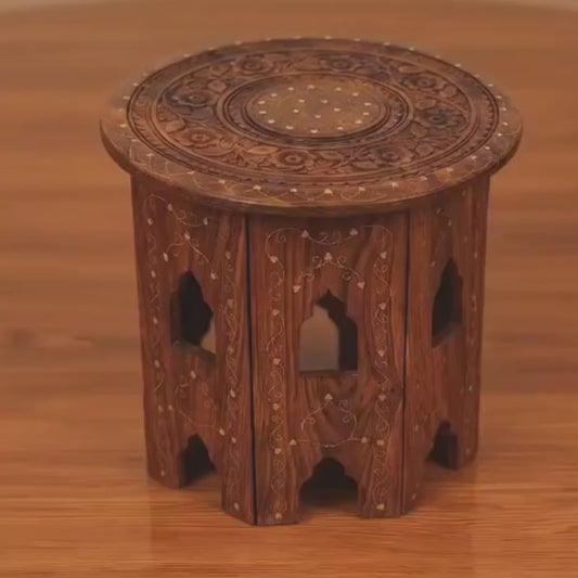 Handcrafted Wooden Stool | Carved Round Side Table | Traditional Wood Furniture | Indian & Pakistani Decor | Rustic Home Accent