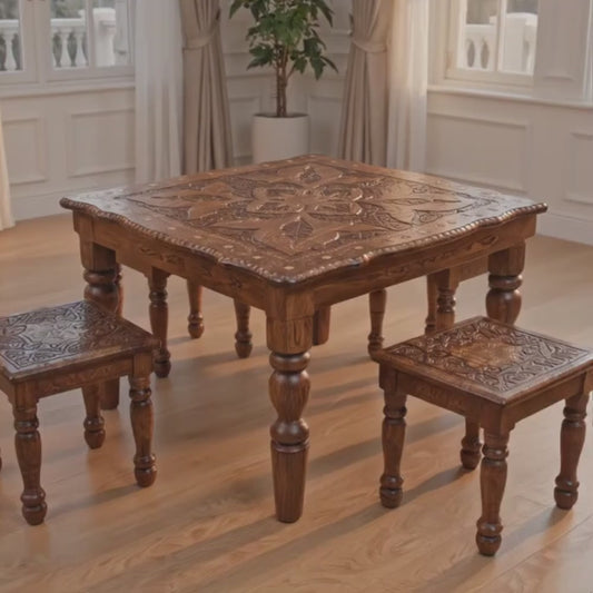 Premium Square Wooden Table Set with 4 Stools