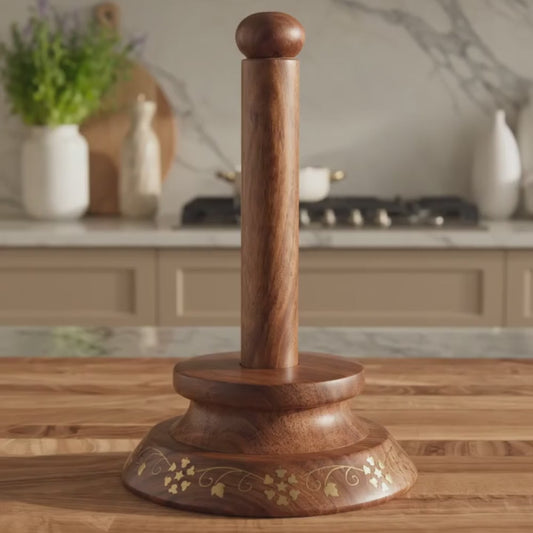 Handcrafted Sheesham Wood Tissue Roll Holder – Decorative Wooden Paper Towel Stand with Brass Inlay Design
