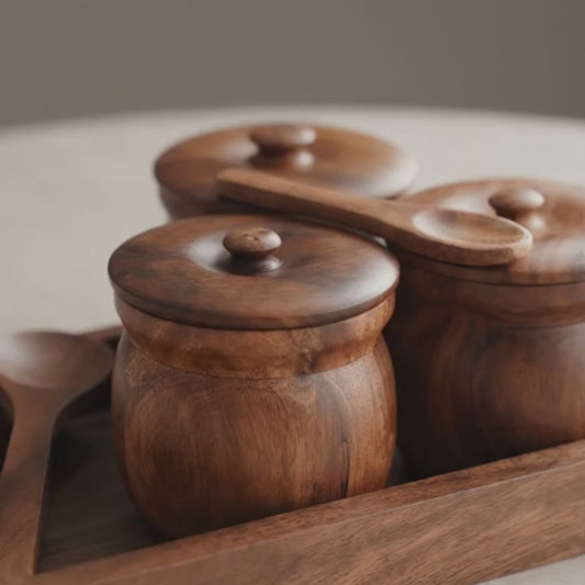 Premium Handcrafted Wooden Tea Coffee Sugar Container Set with Tray