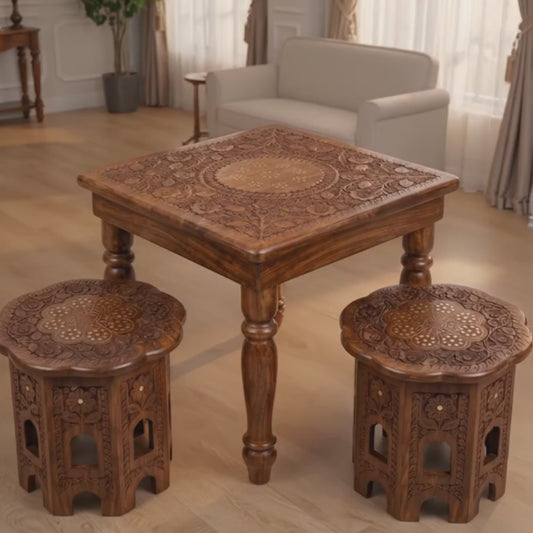 Premium Hand Carved Wooden Tea Table Set with 2 Stools
