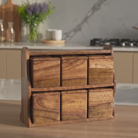 Luxury Handcrafted Wooden Spice Box Rack – 6 Jar Masala Organizer Set