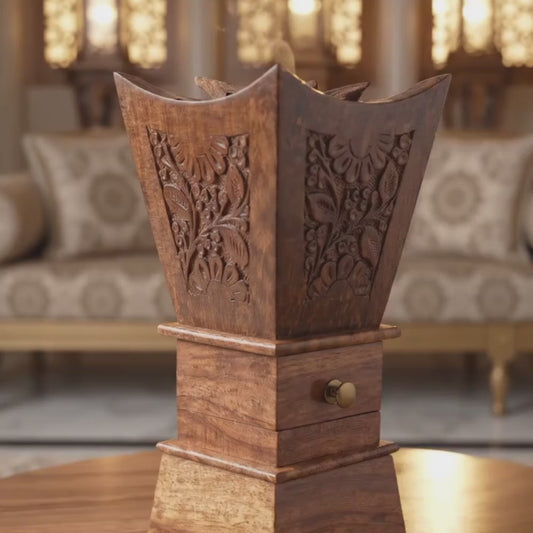 Luxury Handcrafted Sheesham Wood Bakhoor Burner – Large Decorative Oud & Incense Holder with Storage Drawer