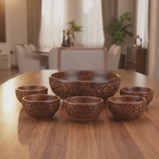 Hand Carved Wooden Bowl Set, 7 Piece Serving Bowl Set with Large Salad Bowl and 6 Small Bowls, Solid Wood Snack Bowls for Dry Fruits, Nuts, Spices, Salad & Home Décor