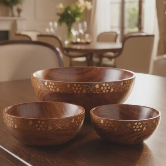 3 Piece Wooden Bowl Set with Golden Floral Design, Handmade Nested Serving Bowls, Solid Wood Salad Bowl, Snack Bowl & Dry Fruit Bowl Set for Kitchen, Dining Table & Home Décor