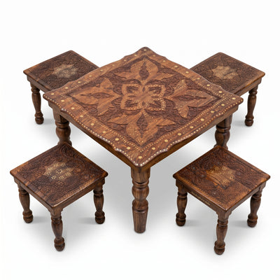 Premium Square Wooden Table Set with 4 Stools