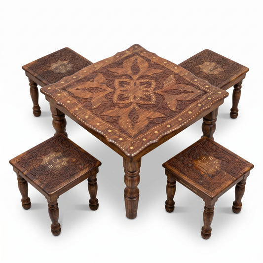 Premium Square Wooden Table Set with 4 Stools