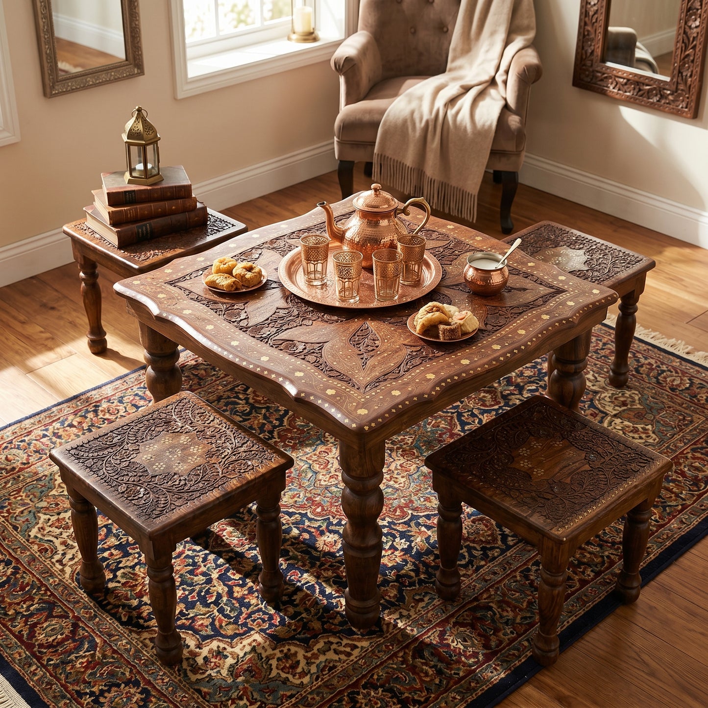 Premium Square Wooden Table Set with 4 Stools