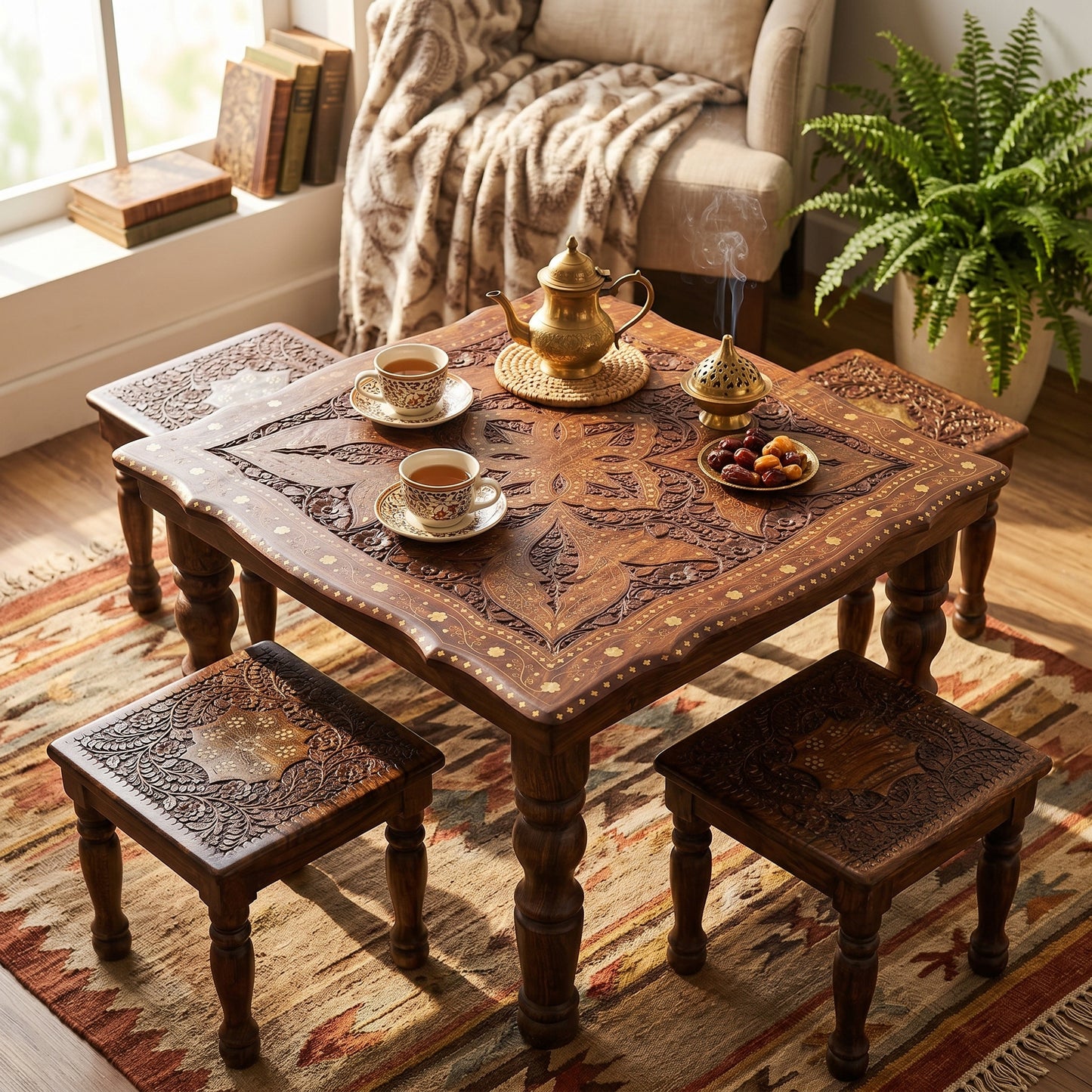 Premium Square Wooden Table Set with 4 Stools