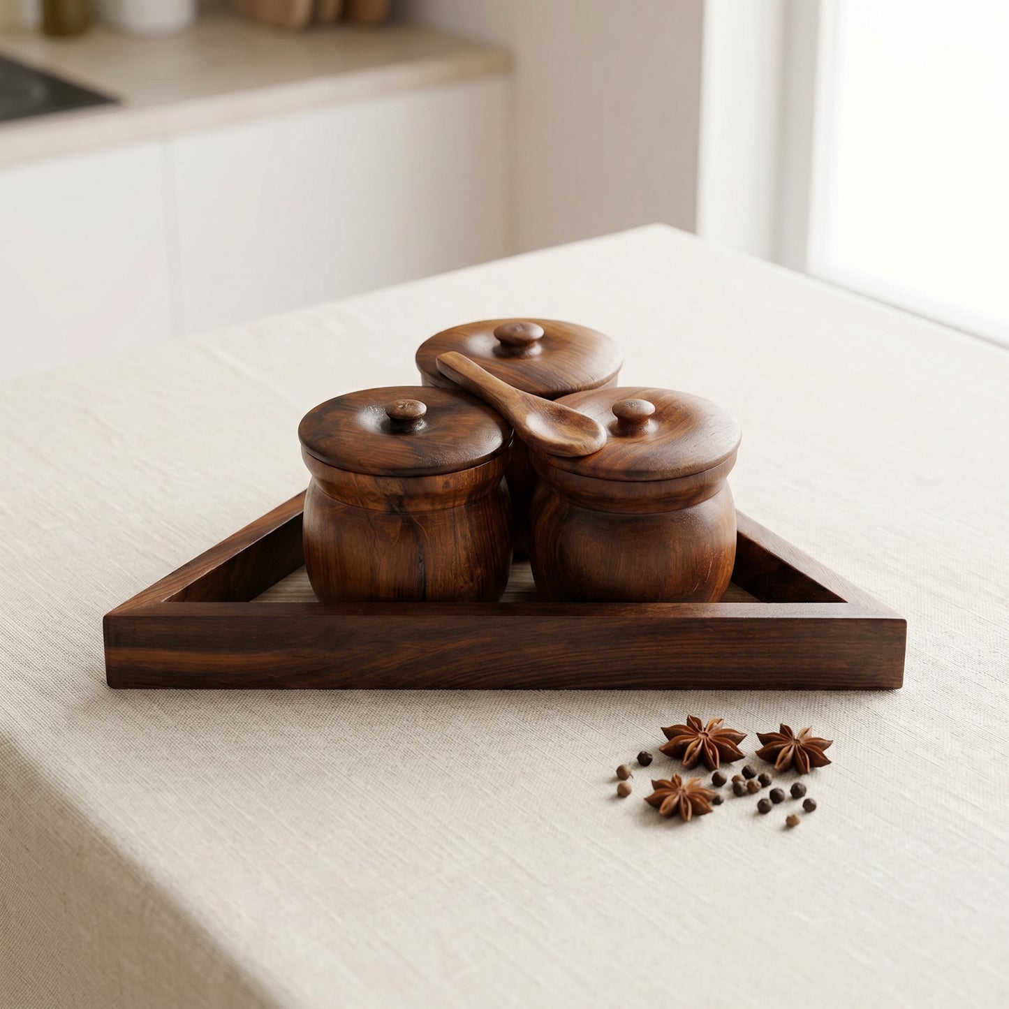 Premium Handcrafted Wooden Tea Coffee Sugar Container Set with Tray