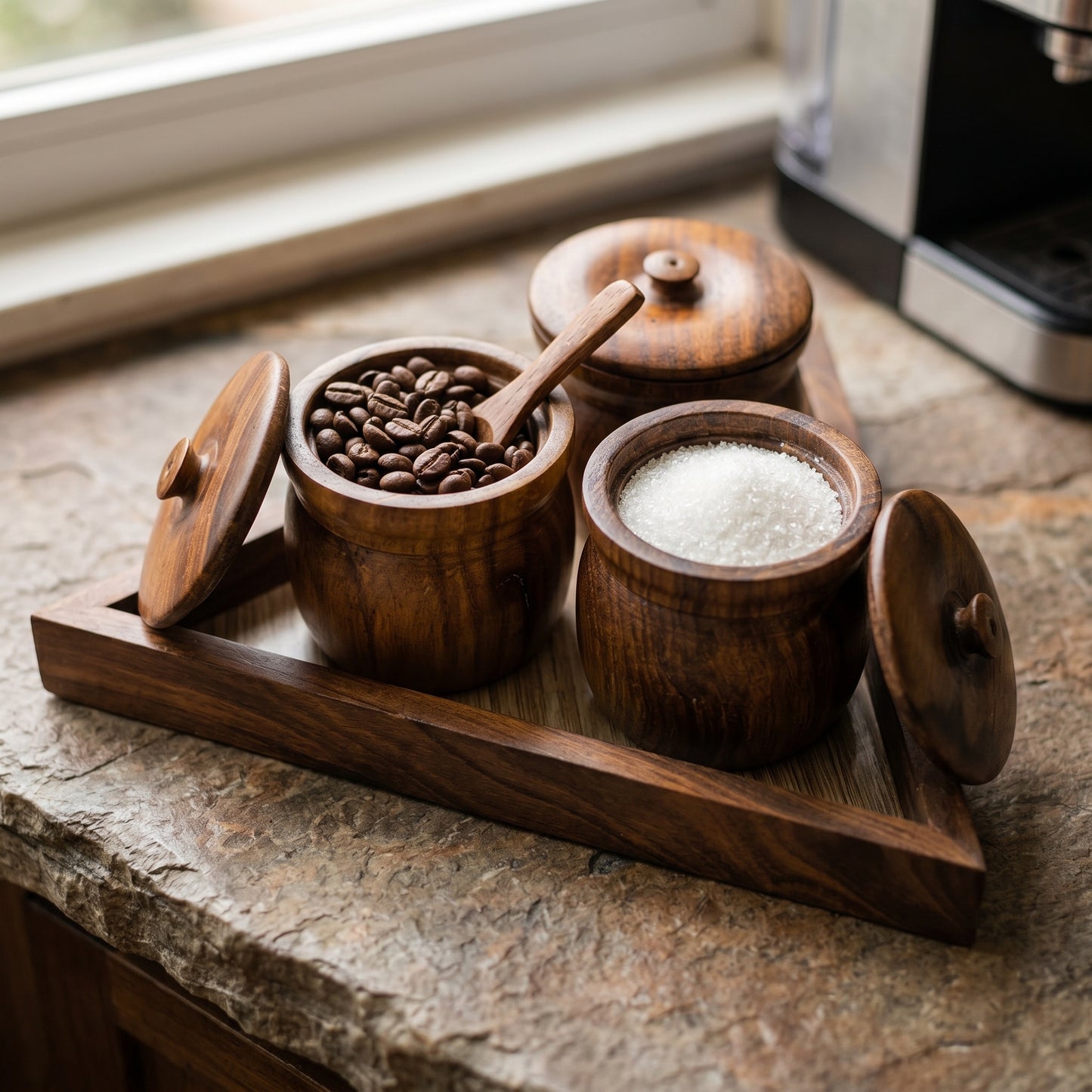 Premium Handcrafted Wooden Tea Coffee Sugar Container Set with Tray