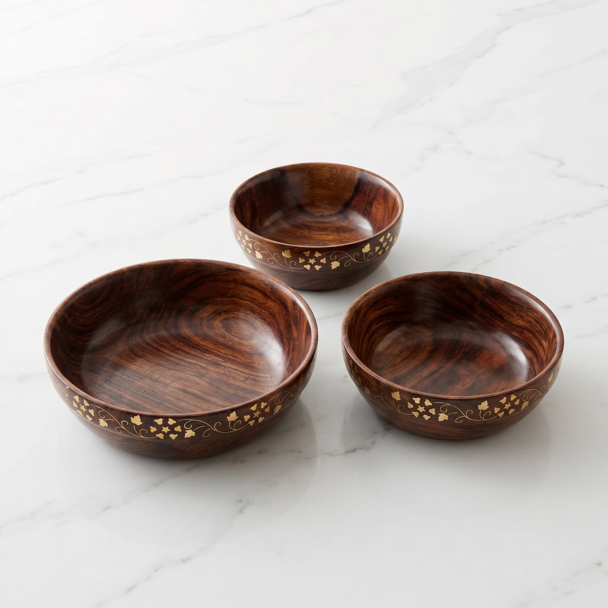 3 Piece Wooden Bowl Set with Golden Floral Design, Handmade Nested Serving Bowls, Solid Wood Salad Bowl, Snack Bowl & Dry Fruit Bowl Set for Kitchen, Dining Table & Home Décor