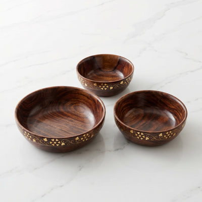 3 Piece Wooden Bowl Set with Golden Floral Design, Handmade Nested Serving Bowls, Solid Wood Salad Bowl, Snack Bowl & Dry Fruit Bowl Set for Kitchen, Dining Table & Home Décor